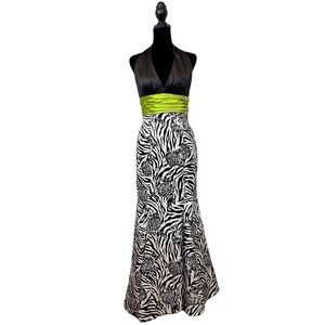 DJ-Jaz Halter Formal Black/White/Lime Rose Mermaid Dress Size-4 NWT